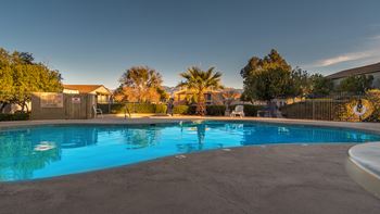 Somerpointe pool view with tall trees surrounding, and relaxation area nearby